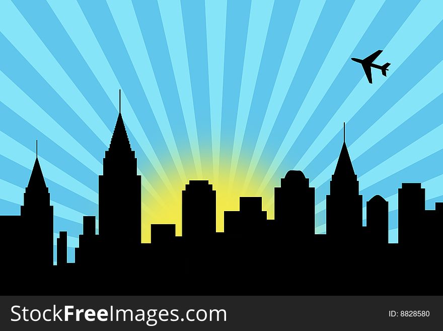 Illustration of a city skyline with an airplane over the buildings. Illustration of a city skyline with an airplane over the buildings
