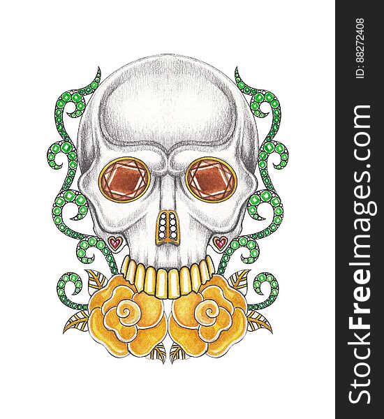 Art design skull mix jewelry hand pencil drawing and panting on paper. Art design skull mix jewelry hand pencil drawing and panting on paper.