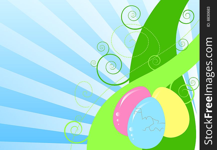 Illustration made in adobe illustrator,
colorful easter eggs and green fresh swirly grass, growing up to the clear blue sky