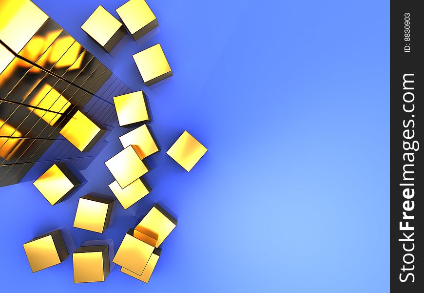 3d illustration of golden cube construction over blue background