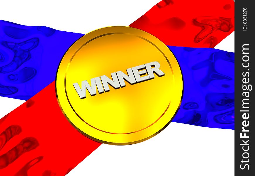 Abstract 3d illustration of winner medal over colorful ribbons