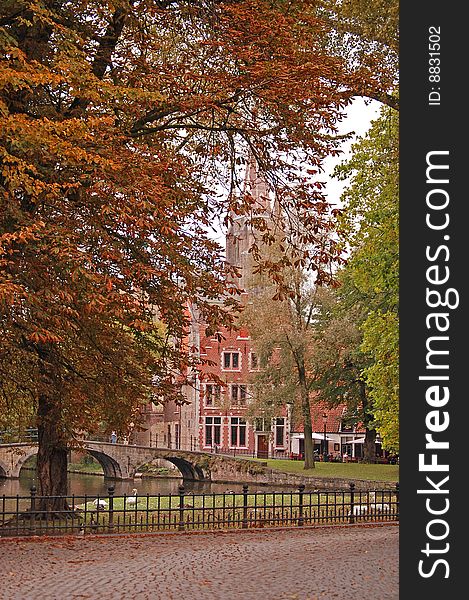 Belgium Autumn in Brugge church  bridge
