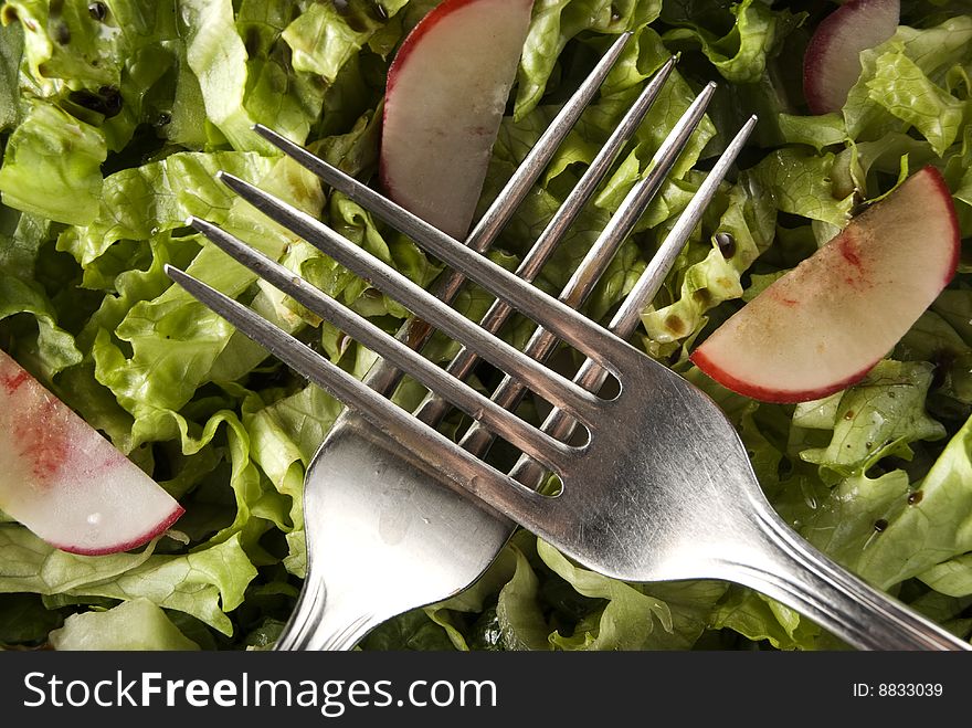 Forks on green salad with turnip