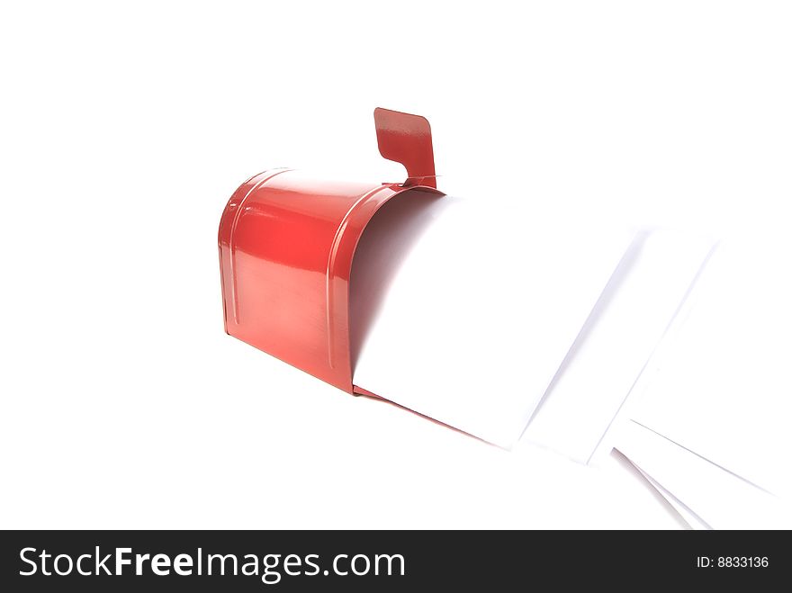 Red metal mailbox with full of letters or bills. Red metal mailbox with full of letters or bills