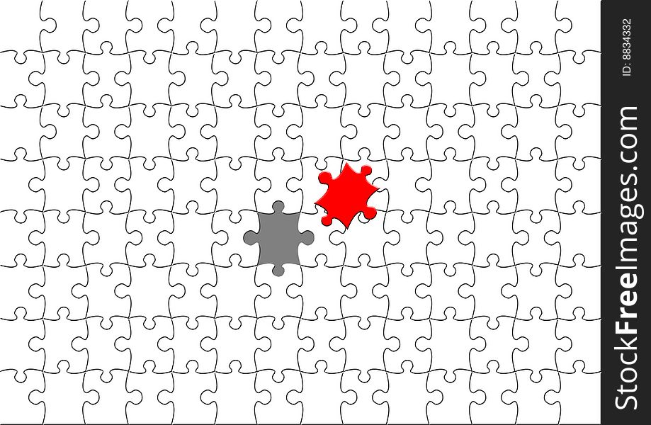 Field of white puzzle elements and one red not in place in the middle