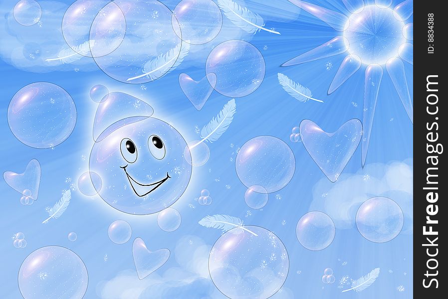 The cheerful soap little man is on the blue sky. The cheerful soap little man is on the blue sky