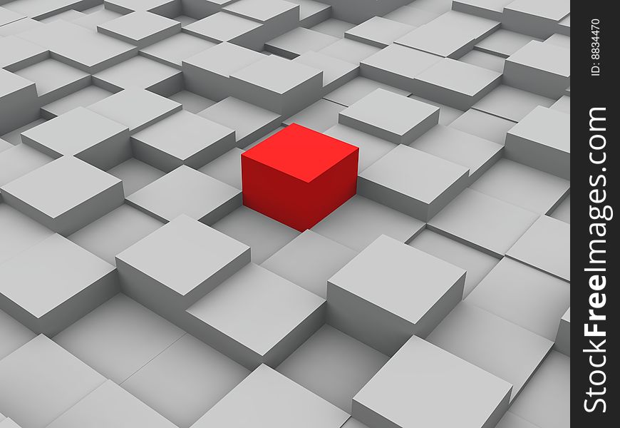 Digital render of a red block in a grid of grey blocks. Digital render of a red block in a grid of grey blocks