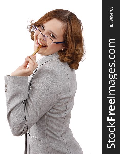 Young smiling successful businesswoman with pen. Beautiful girl wear glasses. Business lady has an idea. Isolated over white background. Young smiling successful businesswoman with pen. Beautiful girl wear glasses. Business lady has an idea. Isolated over white background.