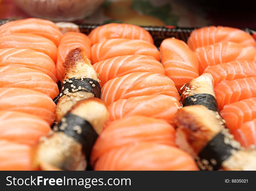 Set of nigiri sushi in a restaurant