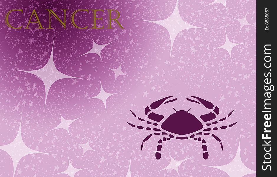 Zodiac sign of cancer in pink and white stars background. Zodiac sign of cancer in pink and white stars background