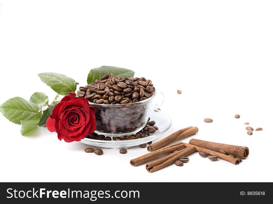 Coffee cup and grain on white background. Coffee cup and grain on white background