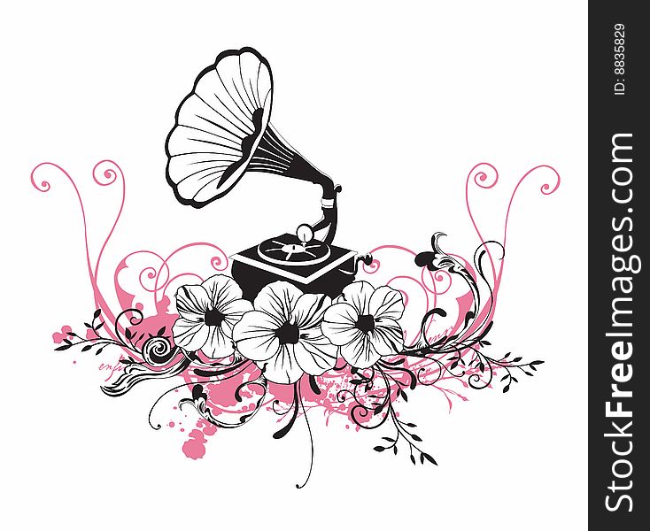 Illustration of a gramophone and floral patterns