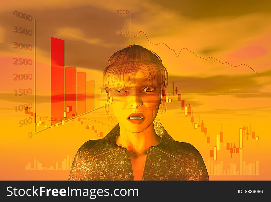 Disastrous corporate and financial charts over looming sunset, with a shocked woman. Disastrous corporate and financial charts over looming sunset, with a shocked woman