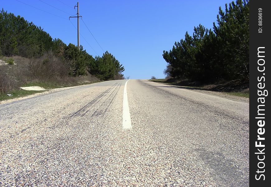 Suburban road with asphalt surface with traces of braking tires