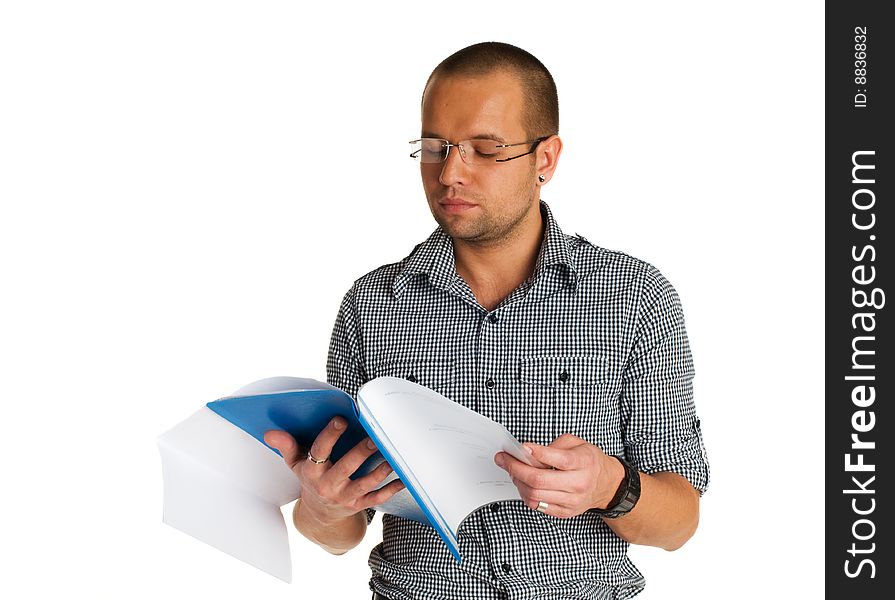 Businessman reading documents isolated on white