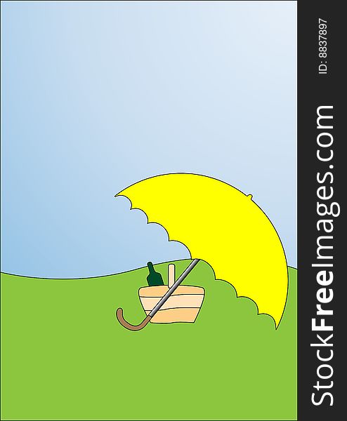 Picnic basket under big yellow umbrella. Picnic basket under big yellow umbrella