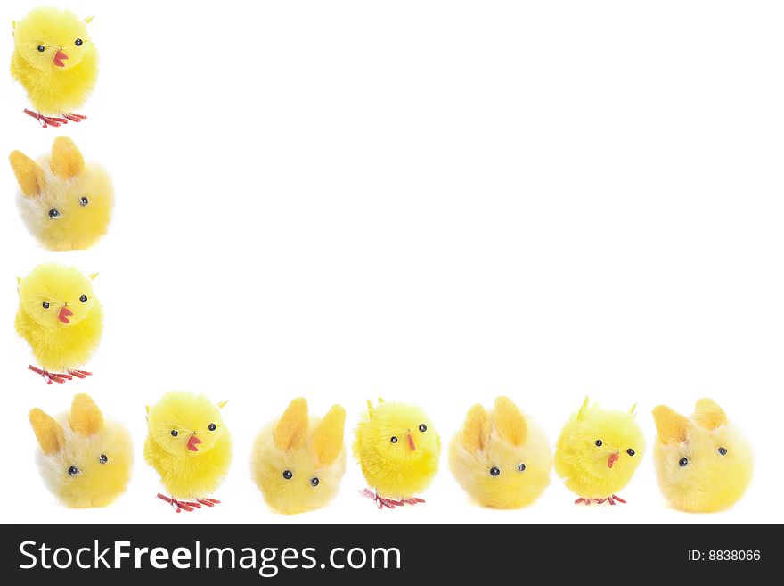 Easter chicks and bunny closeup over white background. Easter chicks and bunny closeup over white background