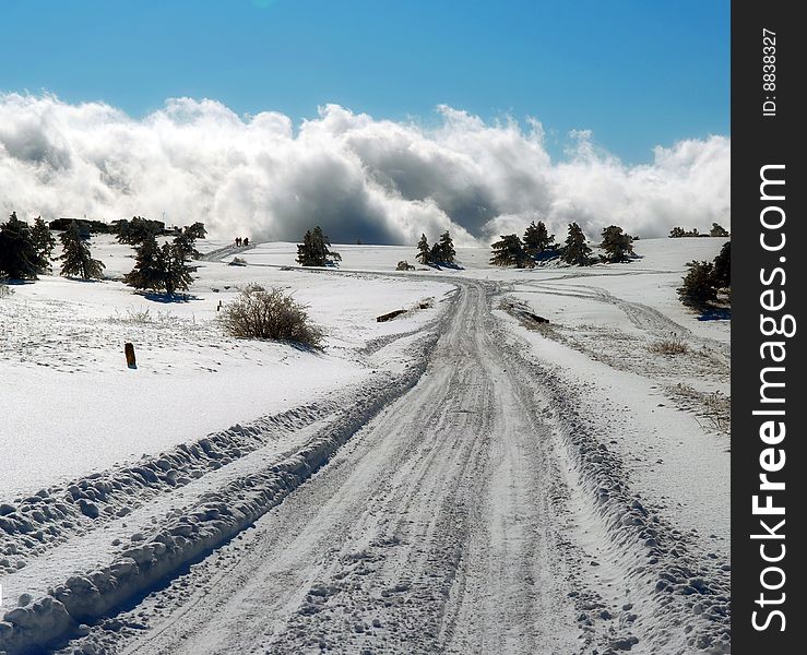 Winter road on a plateau Ah-petri