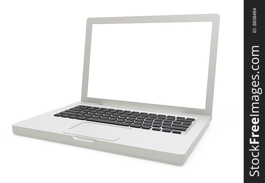 Isolated silver laptop on white background with white screen