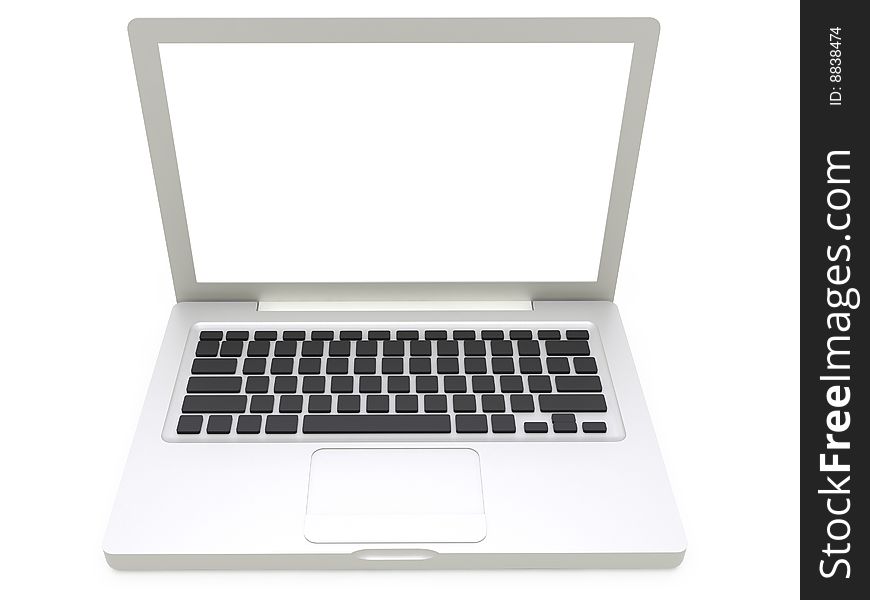 Isolated silver laptop on white background with white screen