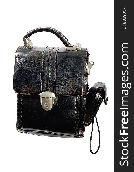 Old men leather handbag with mobile phone isolated over white