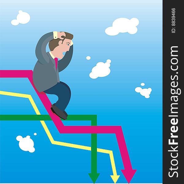Vector work. The businessman falls under the diagramme. Vector work. The businessman falls under the diagramme