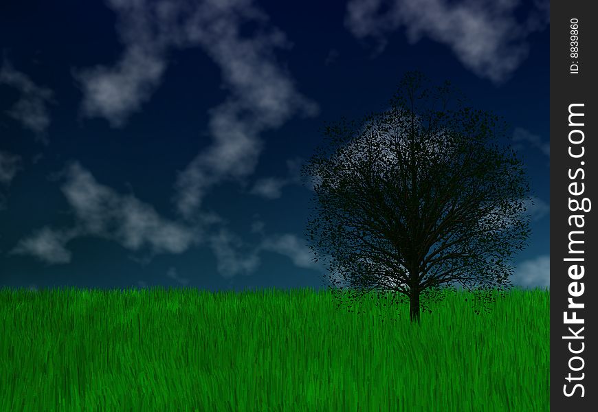 3d render of green tree, grass and sky.