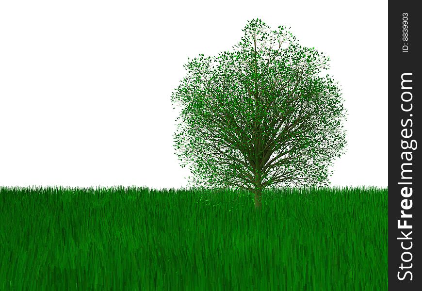 3d render of green tree and grass. Isolated on white background.