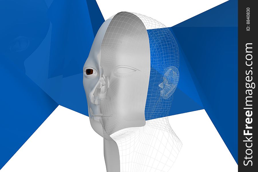 Blue background with human head of a man in 3d. Blue background with human head of a man in 3d