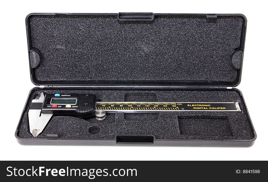 A digital caliper for measuring, in protective case