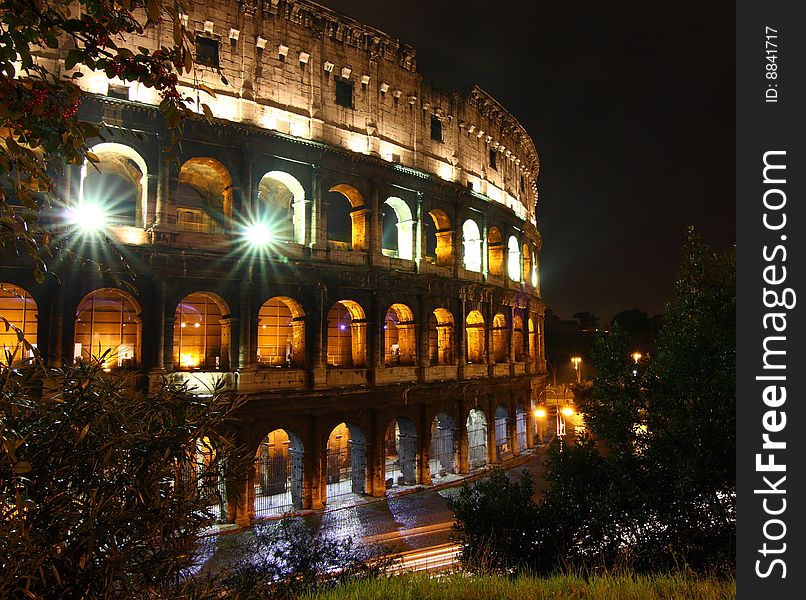 Colosseo at night after rain, Rome. Colosseo at night after rain, Rome