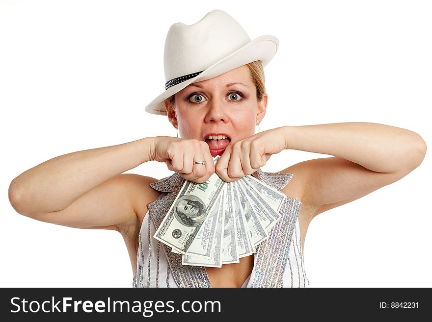 Young pretty woman in white hat and striped suit with money in hand