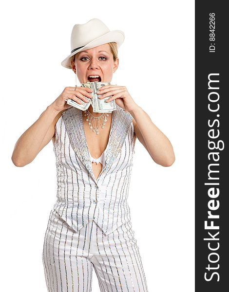 Young pretty woman in white hat and striped suit with money in hand