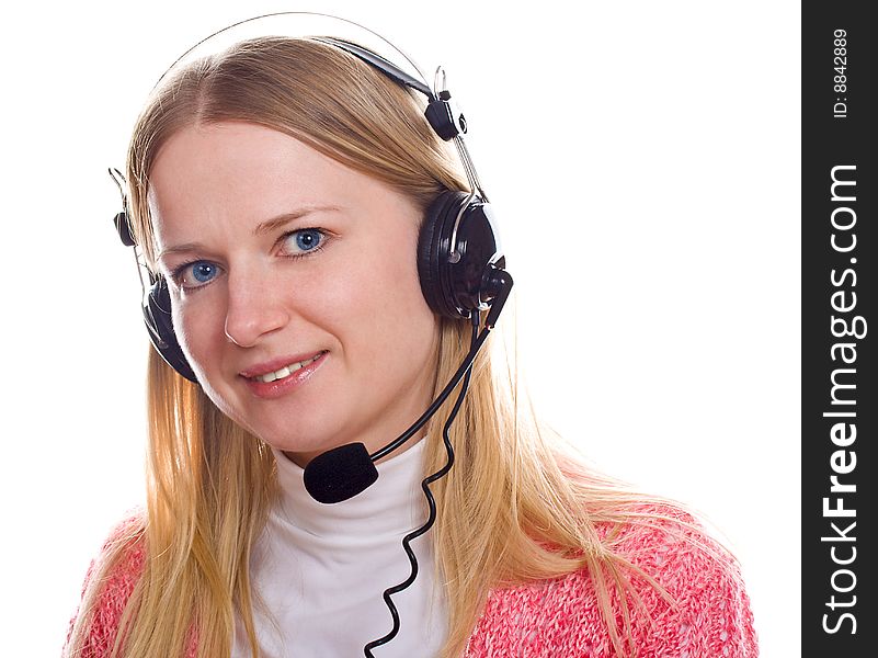 Portrait of a young blond woman with head-phones, isolated on white. Portrait of a young blond woman with head-phones, isolated on white