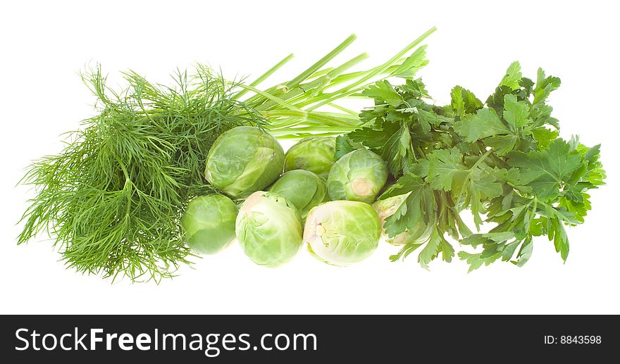 Dill, parsley and brussels sprouts, isolated on white. Dill, parsley and brussels sprouts, isolated on white