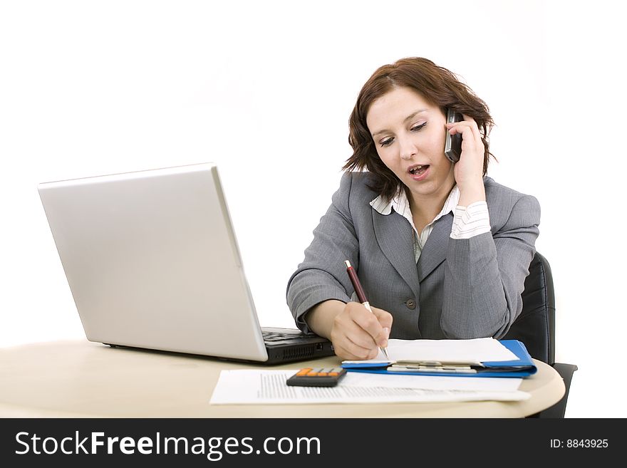 Woman with laptop on a white background