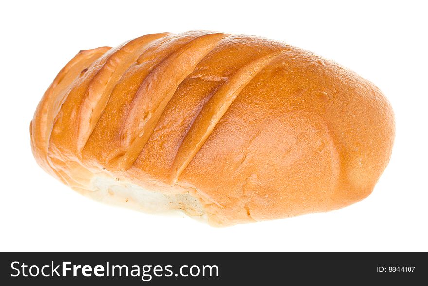 Close-up long loaf, isolated on white. Close-up long loaf, isolated on white