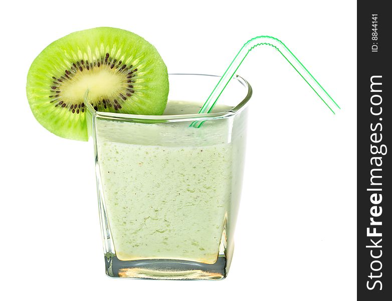 Milkshake with kiwi and straw, isolated on white