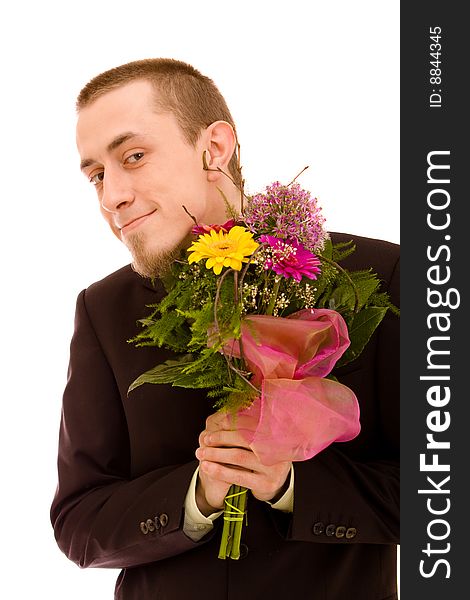 Man with flowers on white background