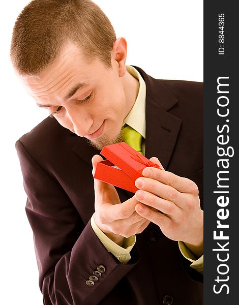 Man holding present on a white background