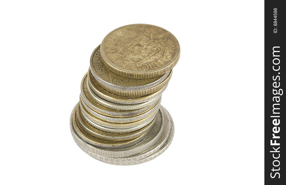 European coins stacked up on white background. European coins stacked up on white background