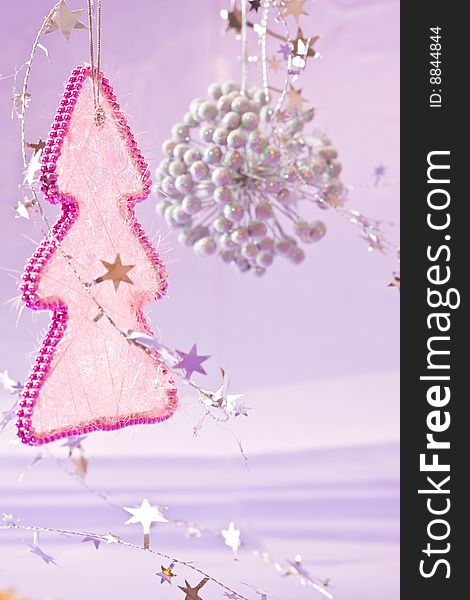 Holiday series: Christmas pink fir between ball decoration. Holiday series: Christmas pink fir between ball decoration