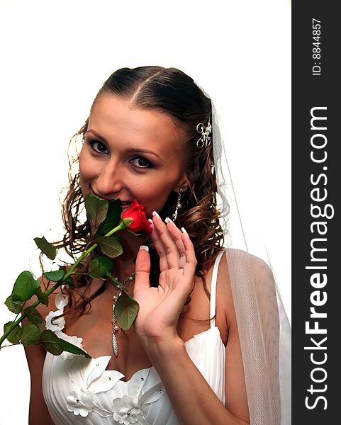 Beautiful bride with red rose isolated. Beautiful bride with red rose isolated