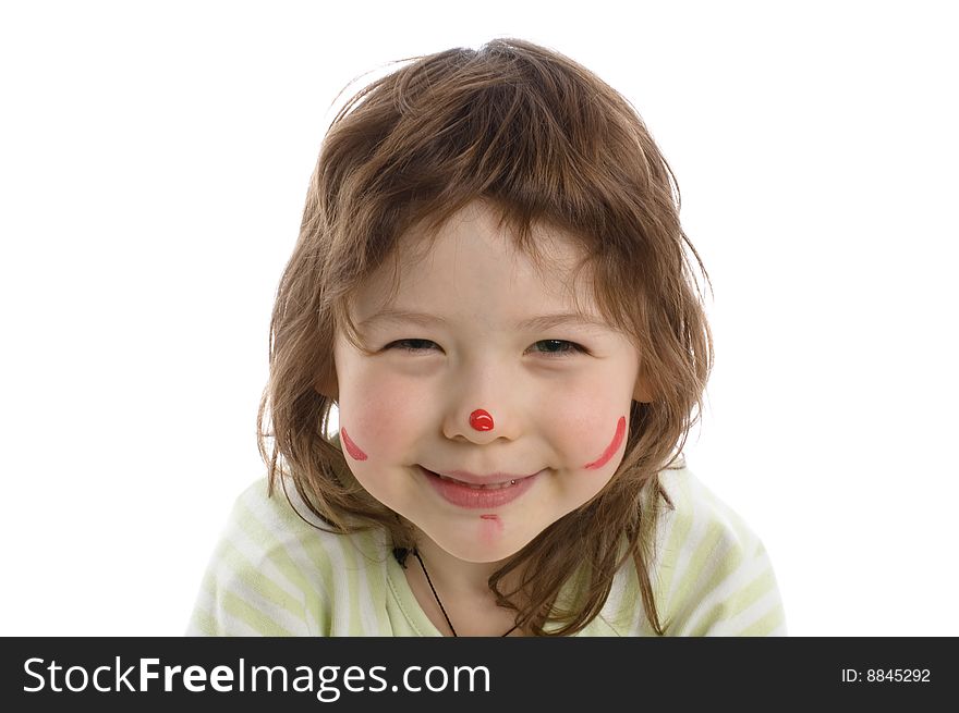 Close-up portrait of Fanny little girl with painted face, isolated on white