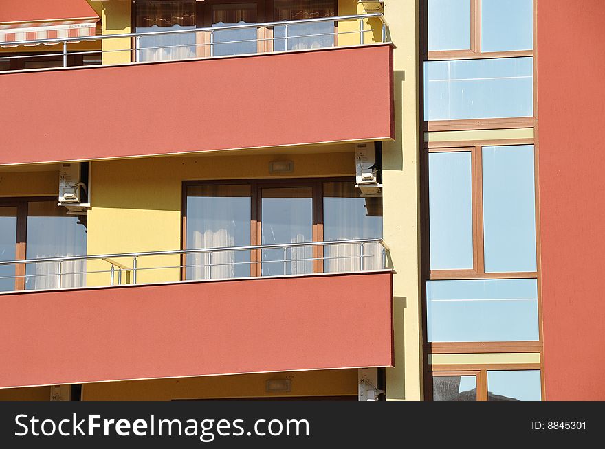 View of the colorful facade of a hotel. View of the colorful facade of a hotel
