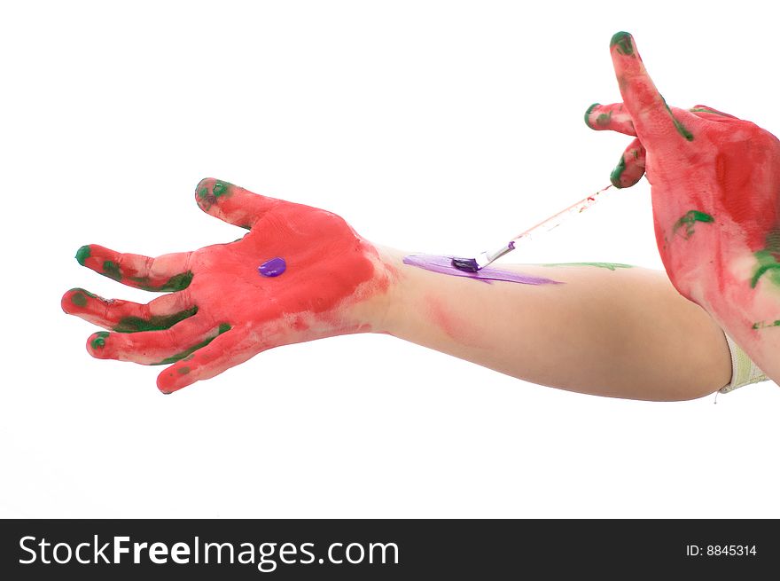 Girl paints the hands. Isolated on white background