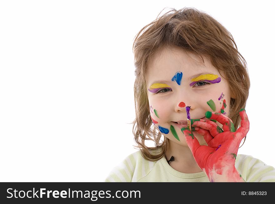 The gifted young artist. Close-up portrait of fanny girl with painted hand and face, isolated on white. The gifted young artist. Close-up portrait of fanny girl with painted hand and face, isolated on white