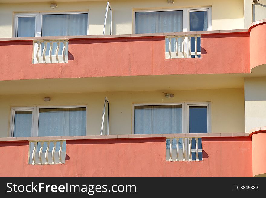 View of the colorful facade of a hotel. View of the colorful facade of a hotel