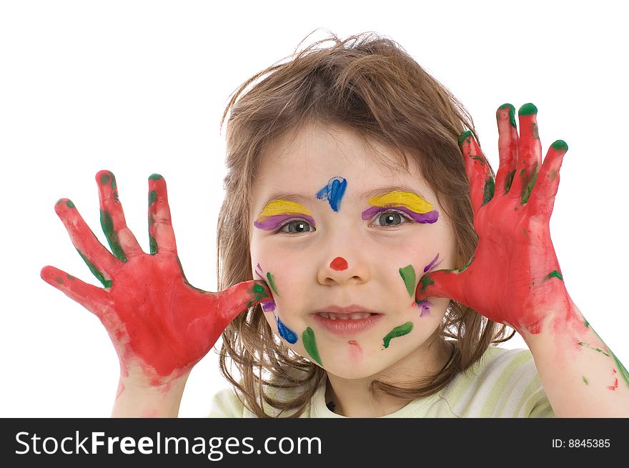 Fanny girl with painted hands and face, isolated on white