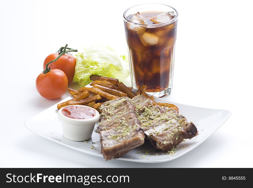 Fresh american ribs oregano bbq sausace isolated